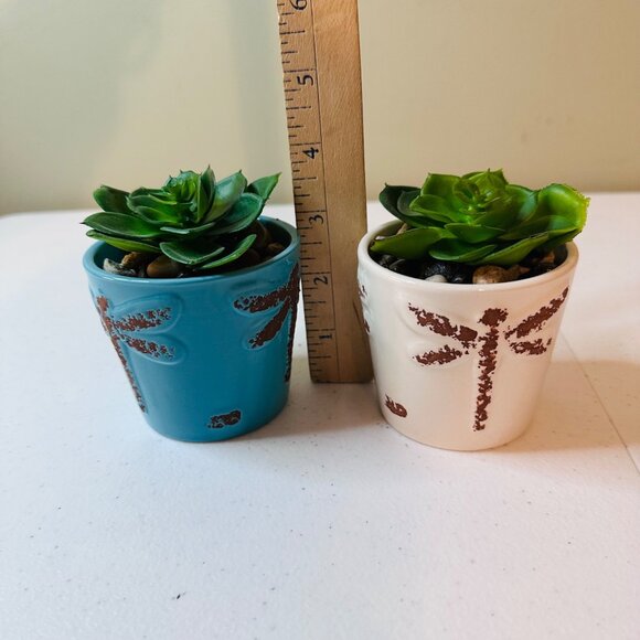 Artificial Succulent Plants In Dragonfly Pots Set Of 2 Decorative Greenery - Picture 5 of 6